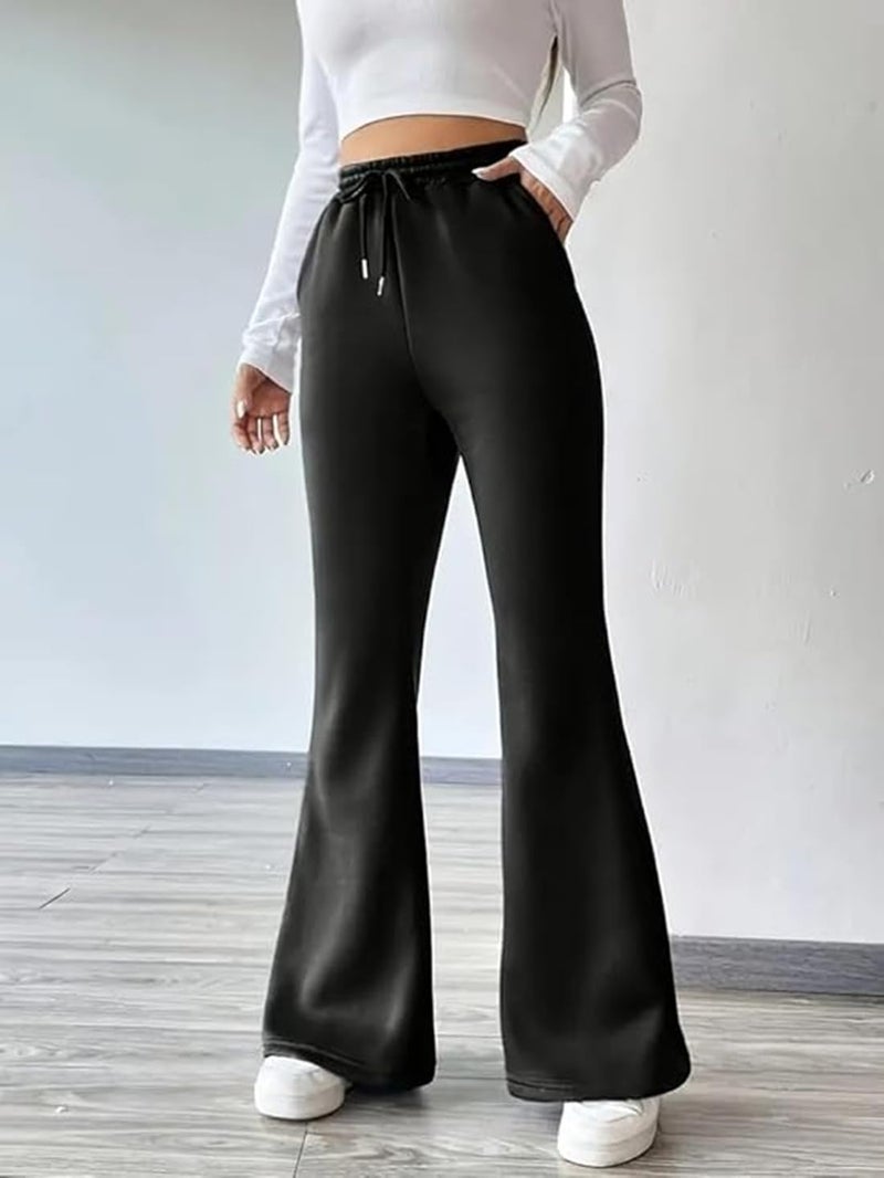 ADBUCKS Women’s Fleece Bell Bottom Sweatpants – High Waisted Wide Leg Lounge Pants with Pockets, Drawstring Waist, Warm Fleece Lined Winter Athletic Trousers (in, Alpha, 2XL, Black) - Image 4