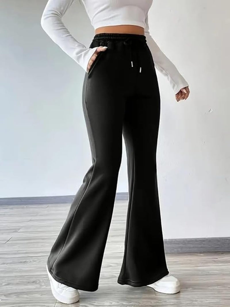 ADBUCKS Women’s Fleece Bell Bottom Sweatpants – High Waisted Wide Leg Lounge Pants with Pockets, Drawstring Waist, Warm Fleece Lined Winter Athletic Trousers (in, Alpha, 2XL, Black) - Image 3