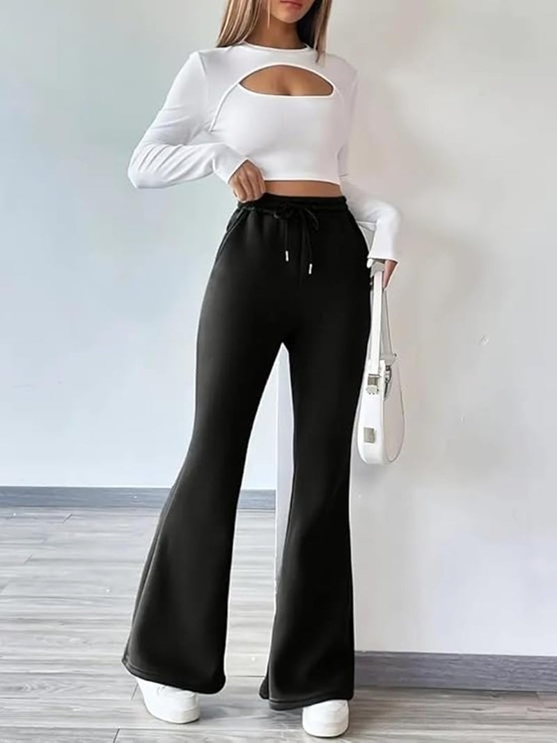 ADBUCKS Women’s Fleece Bell Bottom Sweatpants – High Waisted Wide Leg Lounge Pants with Pockets, Drawstring Waist, Warm Fleece Lined Winter Athletic Trousers (in, Alpha, 2XL, Black) - Image 2
