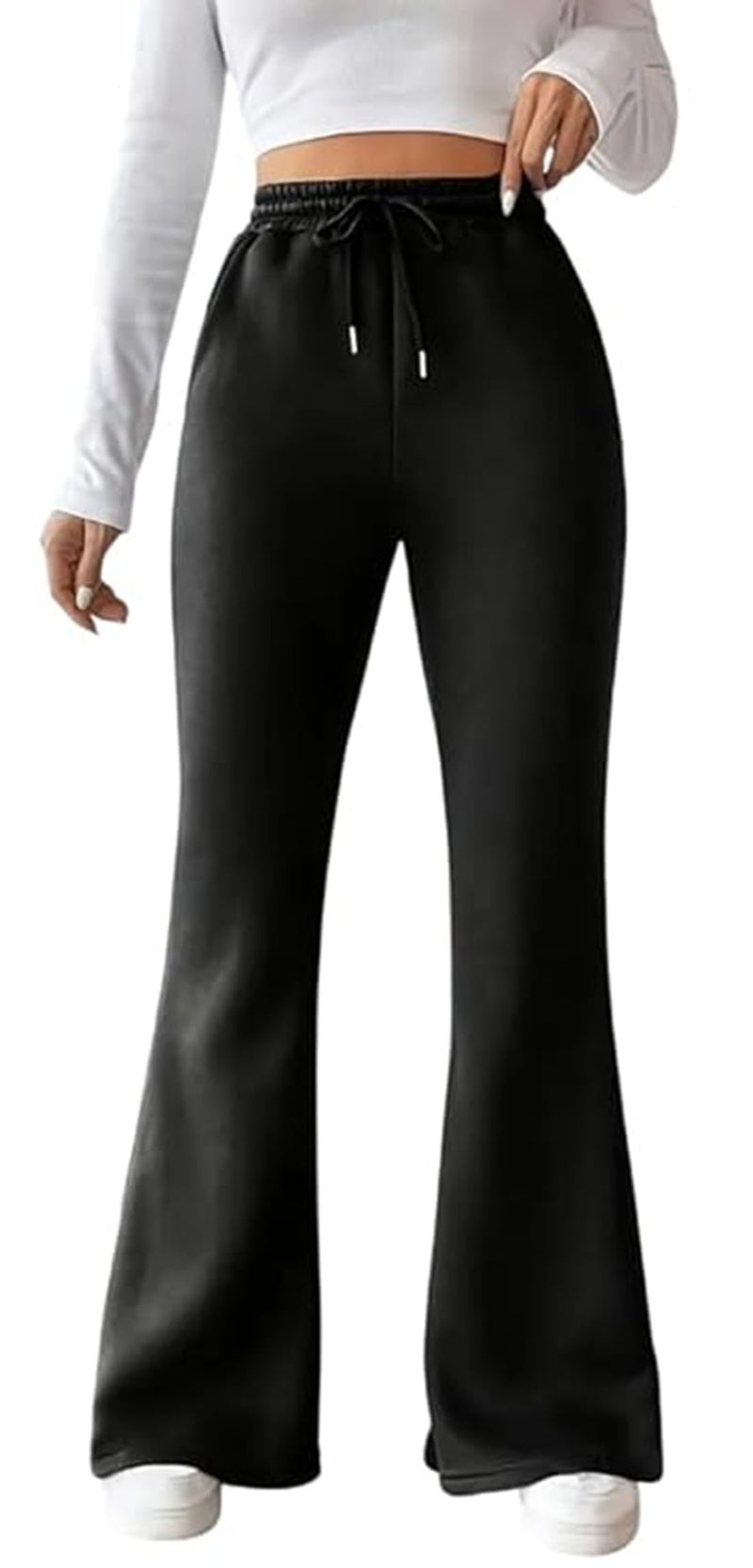 ADBUCKS Women’s Fleece Bell Bottom Sweatpants – High Waisted Wide Leg Lounge Pants with Pockets, Drawstring Waist, Warm Fleece Lined Winter Athletic Trousers (in, Alpha, 2XL, Black) - Image 1