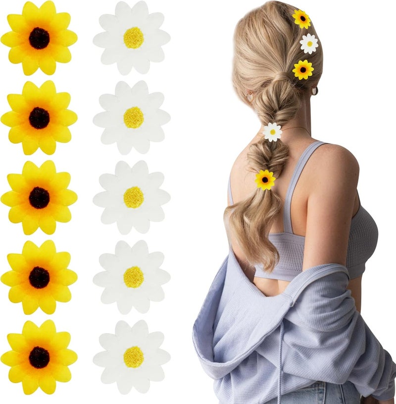 10Pcs Flower Hair Clips for Women Large Clips for Hair Sunflower Daisy Yellow White Blossoms Small Wedding Summer Beach Bridal Party Accessories Girls