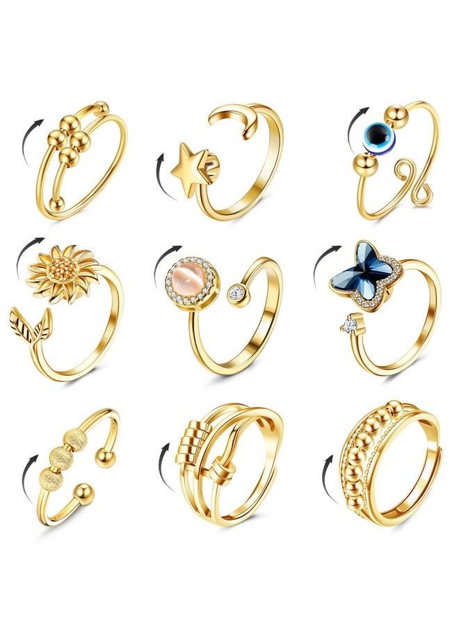 FIBO STEEL 9 Pcs Fidget Anxiety Rings For Women Men Spinner Rings For Anxiety Relieving Stress Open Cz Flower Moon Star Anti Rotatable Rings Adjustable Gold Tone  - Image 2