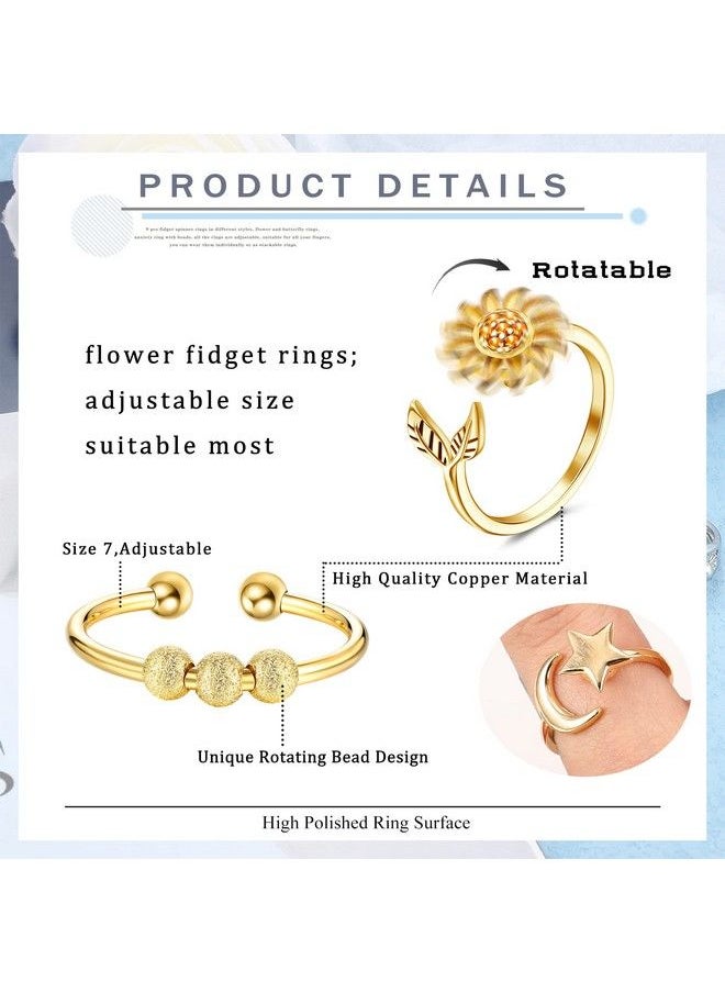 FIBO STEEL 9 Pcs Fidget Anxiety Rings For Women Men Spinner Rings For Anxiety Relieving Stress Open Cz Flower Moon Star Anti Rotatable Rings Adjustable Gold Tone  - Image 3
