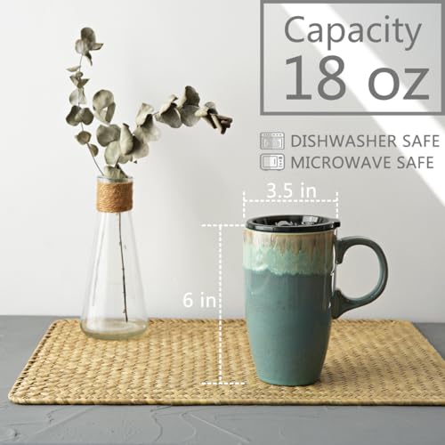 Bosmarlin Ceramic Travel Coffee Mug with Handle and Lid 18 oz Portable Coffee Cup for Car Cup Holder Microwave and Dishwasher Safe Reactive Glaze Peacock Blue - Image 3