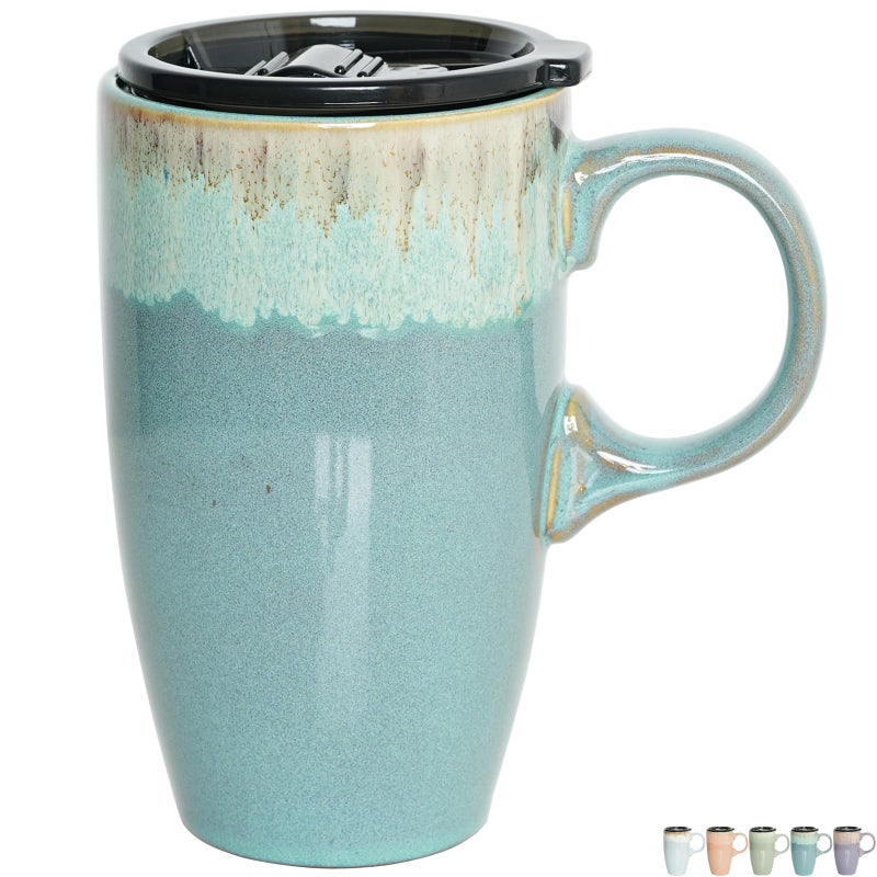 Bosmarlin Ceramic Travel Coffee Mug with Handle and Lid 18 oz Portable Coffee Cup for Car Cup Holder Microwave and Dishwasher Safe Reactive Glaze Peacock Blue - Image 2