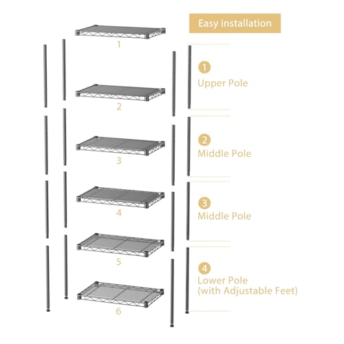 SINGAYE 6 Shelves Bathroom Organizers and Storage Shelf Wire Closet Metal Pantry Kitchen Small Garage Shelving Unit Laundry Room Organization Home Tall Rack Balck 10" D x 16" W x 60”H - Image 4