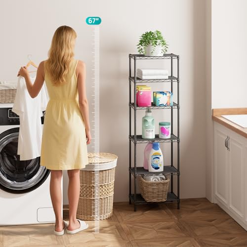 SINGAYE 6 Shelves Bathroom Organizers and Storage Shelf Wire Closet Metal Pantry Kitchen Small Garage Shelving Unit Laundry Room Organization Home Tall Rack Balck 10" D x 16" W x 60”H - Image 3
