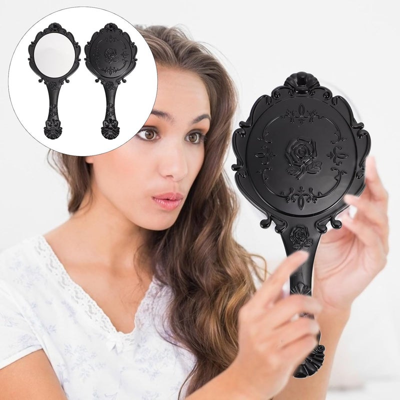 2pcs Handheld Makeup Mirror Retro Vanity Mirror with Handle for Women Portable Travel Beauty Accessory Black - Image 4