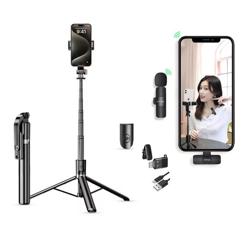 USTINE ® مجموعة SnapX1 L للتدوين مع ميكروفون لاسلكي | عصا سيلفي ثلاثية في واحد بطول 170 سم قابلة للتمديد مع حامل ثلاثي القوائم مع جهاز تحكم بلوتوث + ميكروفون K8 ليوتيوب، ريلز وتدوين الفيديو (أندرويد/آيفون) - Image 1