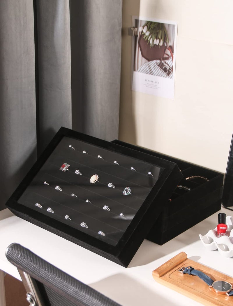 Coward Set of 5 Stackable Jewelry Organizer Tray Necklace Earring Box Storage Ring Bracelet Display Holder (Black(ring+necklace+earring+12grid)) - Image 4