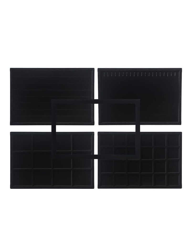 Coward Set of 5 Stackable Jewelry Organizer Tray Necklace Earring Box Storage Ring Bracelet Display Holder (Black(ring+necklace+earring+12grid)) - Image 1