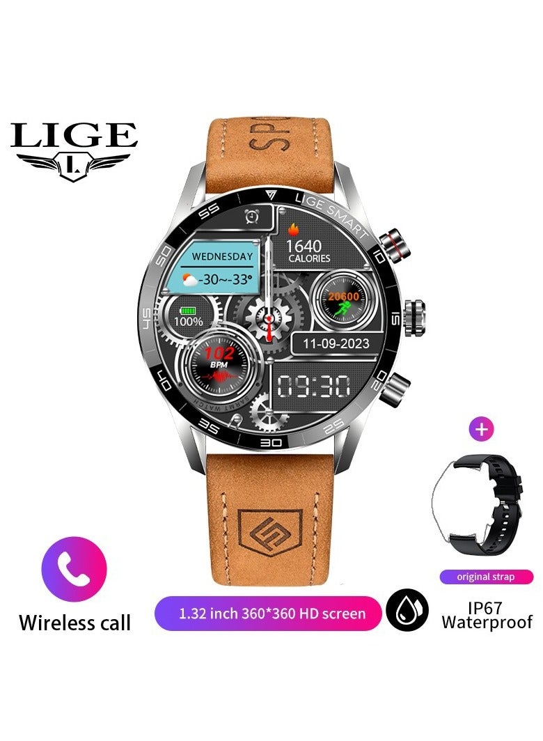 لييج ساعات ذكية بشاشة 1.39 بوصة HD IPS للرجال رياضية بلوتوث مكالمة مقاومة للماء ساعة ذكية بحزام جلدي بني مع قرص فضي - Image 1