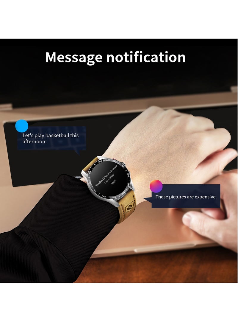لييج ساعات ذكية بشاشة 1.39 بوصة HD IPS للرجال رياضية بلوتوث مكالمة مقاومة للماء ساعة ذكية بحزام جلدي بني مع قرص فضي - Image 4