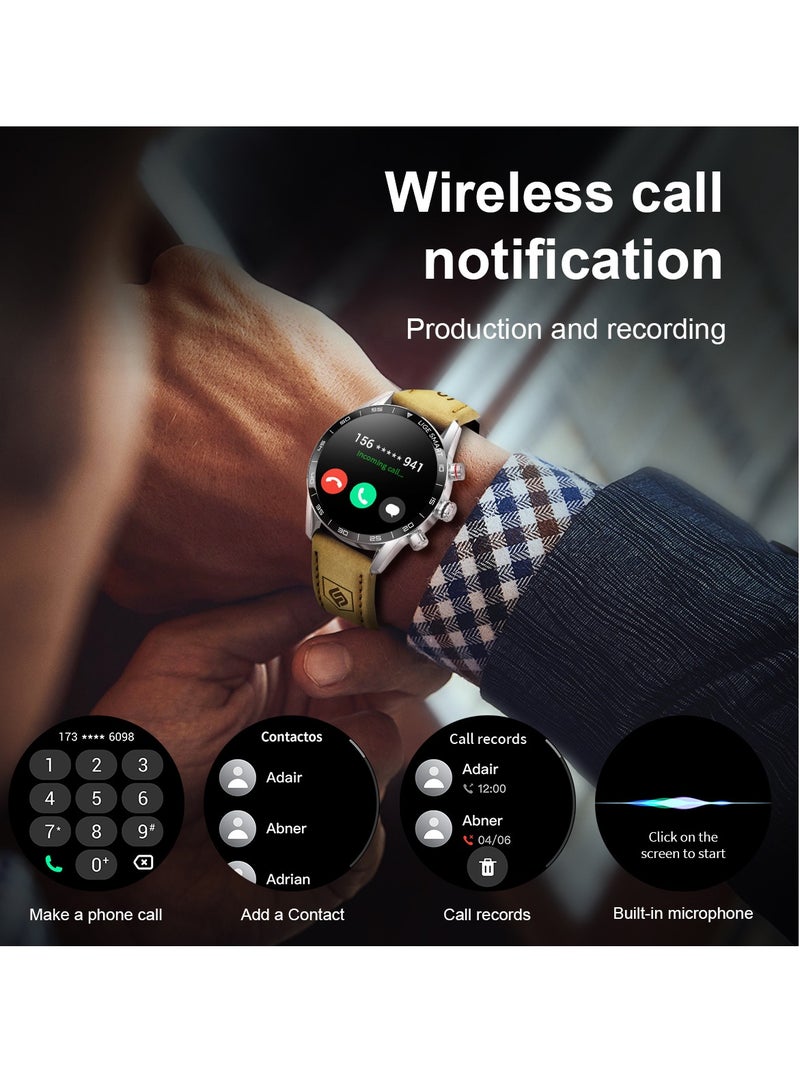 لييج ساعات ذكية بشاشة 1.39 بوصة HD IPS للرجال رياضية بلوتوث مكالمة مقاومة للماء ساعة ذكية بحزام جلدي بني مع قرص فضي - Image 3