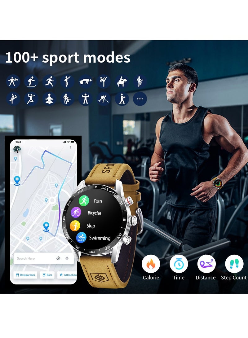 لييج ساعات ذكية بشاشة 1.39 بوصة HD IPS للرجال رياضية بلوتوث مكالمة مقاومة للماء ساعة ذكية بحزام جلدي بني مع قرص فضي - Image 5