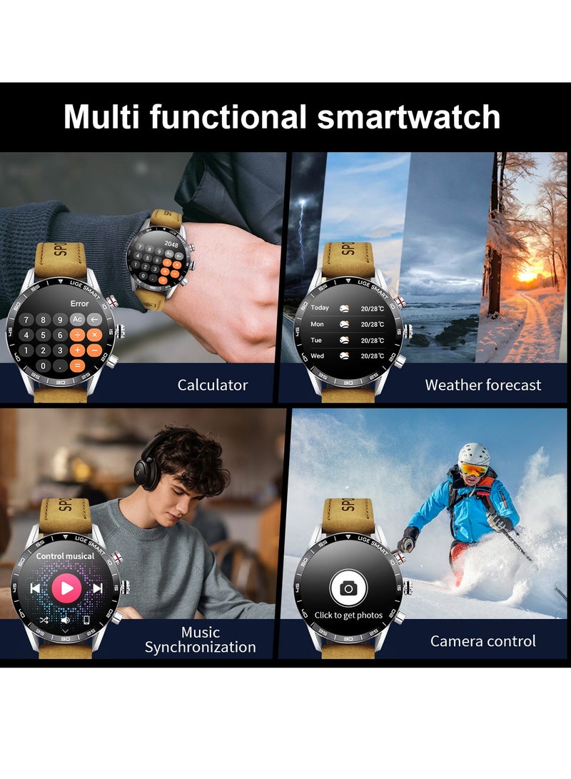 لييج ساعات ذكية بشاشة 1.39 بوصة HD IPS للرجال رياضية بلوتوث مكالمة مقاومة للماء ساعة ذكية بحزام جلدي بني مع قرص فضي - Image 2