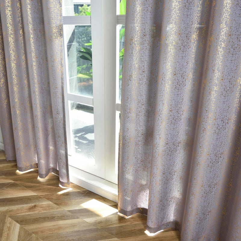 TERLYTEX Grey Gold Curtains 84 Inches Long for Living Room, Metallic Gold Foil Spray Spots Shimmer Window Curtains, Grommet Privacy Semi-Sheer Curtains, 52 x 84 Inch, 2 Panels - Image 4
