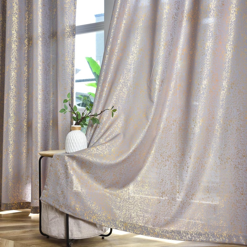 TERLYTEX Grey Gold Curtains 84 Inches Long for Living Room, Metallic Gold Foil Spray Spots Shimmer Window Curtains, Grommet Privacy Semi-Sheer Curtains, 52 x 84 Inch, 2 Panels - Image 1