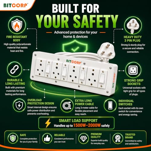 BITCORP 6A Extension Board 4 Socket 4 Switch, 1500W, 8M 0.75mm ISI Certified Wire - Image 4