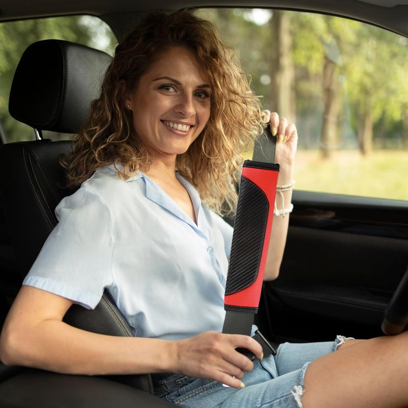 Amabro 2Pcs Car Seat Belt Cover - Comfortable Leather Safety Seatbelt Pads in Red - Image 2
