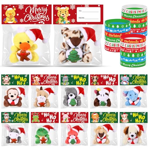 Sotiff 30 Pcs Christmas Mini Stuffed Animals Gifts Bulk 15 Christmas Plush Set with 15 Xmas Silicone Bracelets Small Plush Keychains Classroom Exchange Gift Toys for Friend Preschool Stocking Fillers - Image 1