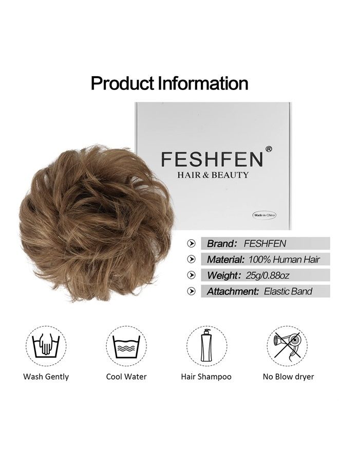 Human Hair Messy Buns, 100% Human Hair Bun Hair Piece Real Hair Extension Wavy Curly Hair Scrunchies Tousled Updo Chignon Hairpieces for Women Girls Ash Brown