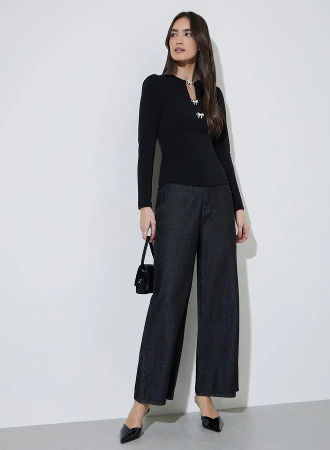 Styli Black Fitted Knit Top with Embellished Bow Detail