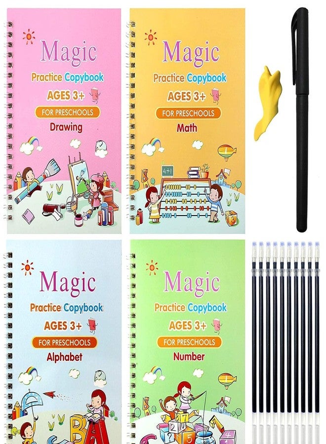 Techgadget 4 Pcs Magic Practice Copybook Set For Kids Children Cursive Handwriting Calligraphy Copy books - Maths + Drawing + Alphabet + Number (4 Books + 10 Refills + 1 Pen + 1 Grip) - Image 1