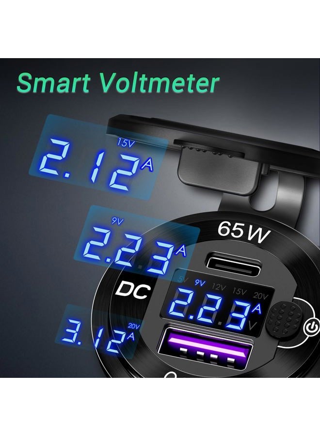 Ouffun 83W 12V USB Outlet Built-in Boost USB C Laptop Car Charger: 65W PD3.0 and 18W QC3.0 Car USB Port Aluminum Socket with Button Switch Smart Voltmeter, Suitable for Car RV Marine Golf Cart - Image 4