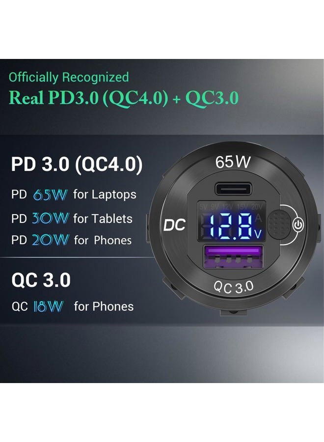 Ouffun 83W 12V USB Outlet Built-in Boost USB C Laptop Car Charger: 65W PD3.0 and 18W QC3.0 Car USB Port Aluminum Socket with Button Switch Smart Voltmeter, Suitable for Car RV Marine Golf Cart - Image 3
