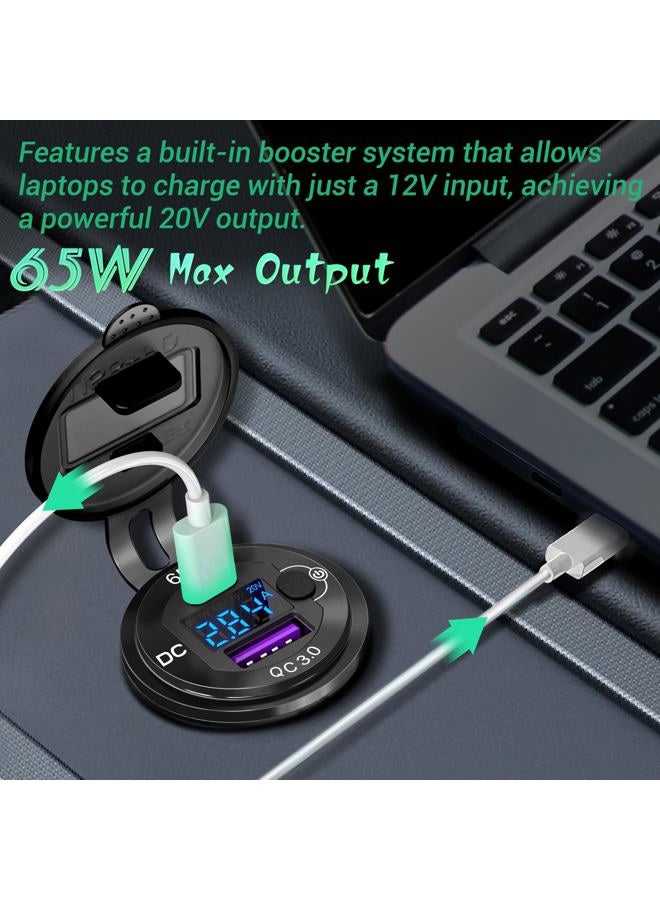 Ouffun 83W 12V USB Outlet Built-in Boost USB C Laptop Car Charger: 65W PD3.0 and 18W QC3.0 Car USB Port Aluminum Socket with Button Switch Smart Voltmeter, Suitable for Car RV Marine Golf Cart - Image 2