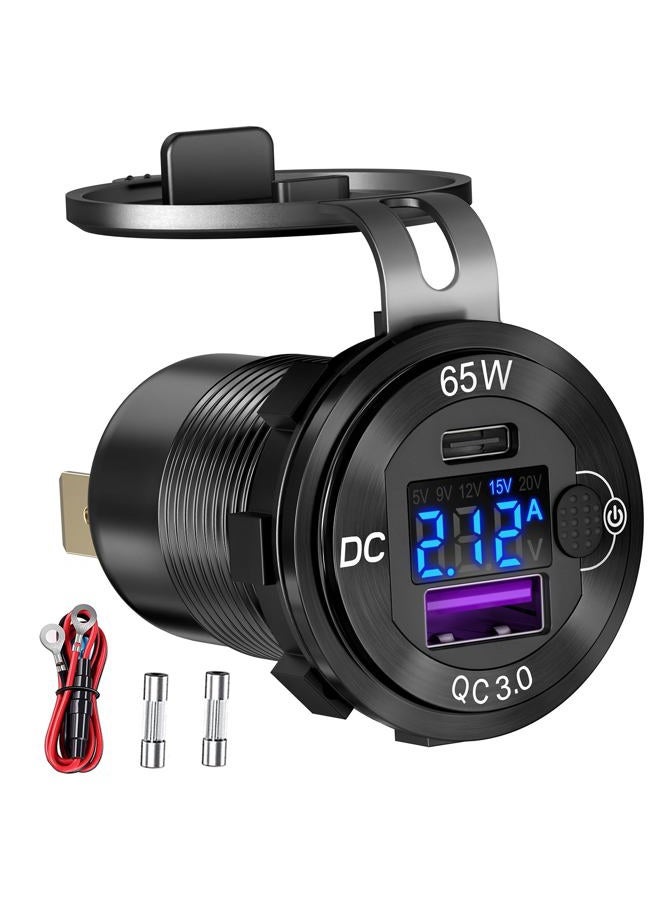 Ouffun 83W 12V USB Outlet Built-in Boost USB C Laptop Car Charger: 65W PD3.0 and 18W QC3.0 Car USB Port Aluminum Socket with Button Switch Smart Voltmeter, Suitable for Car RV Marine Golf Cart - Image 1
