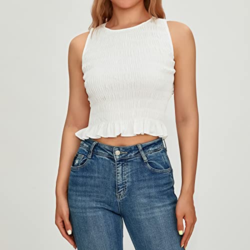 Yuemengxuan Women Shirred Tank Top Ruffle Sleeveless Tanks Frill Smocked Halter Cami Tops Summer Streetwear, White, Medium - Image 2
