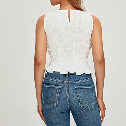 Yuemengxuan Women Shirred Tank Top Ruffle Sleeveless Tanks Frill Smocked Halter Cami Tops Summer Streetwear, White, Medium - Image 5
