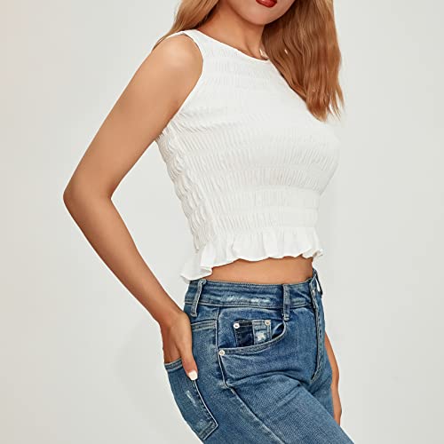 Yuemengxuan Women Shirred Tank Top Ruffle Sleeveless Tanks Frill Smocked Halter Cami Tops Summer Streetwear, White, Medium - Image 4
