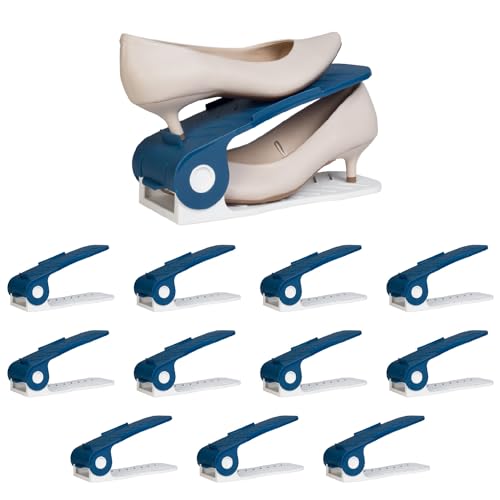HomeStrap Shoe Organizer Slot (Pack of 12) (Blue/White)| Adjustable | Space Saver | Double Deck Shoes Storage Holder for Rack and Shelf - Image 1