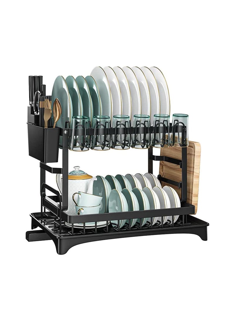 None/Brand Black Large Stainless Steel Foldable 2 Tiers Dish Drying Rack Drainboard Set with Rotatable Drainage System - Image 1