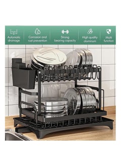 None/Brand Black Large Stainless Steel Foldable 2 Tiers Dish Drying Rack Drainboard Set with Rotatable Drainage System  - Image 3