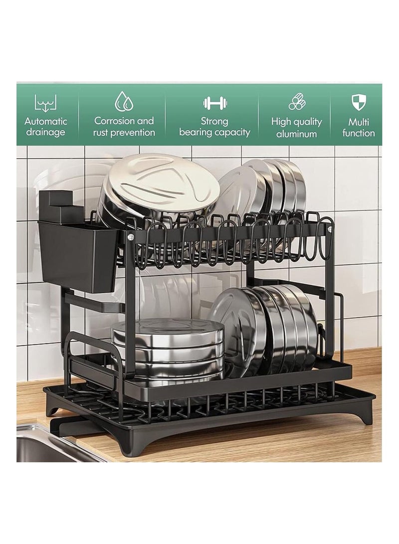 None/Brand Black Large Stainless Steel Foldable 2 Tiers Dish Drying Rack Drainboard Set with Rotatable Drainage System - Image 3