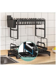 None/Brand Black Large Stainless Steel Foldable 2 Tiers Dish Drying Rack Drainboard Set with Rotatable Drainage System  - Image 4