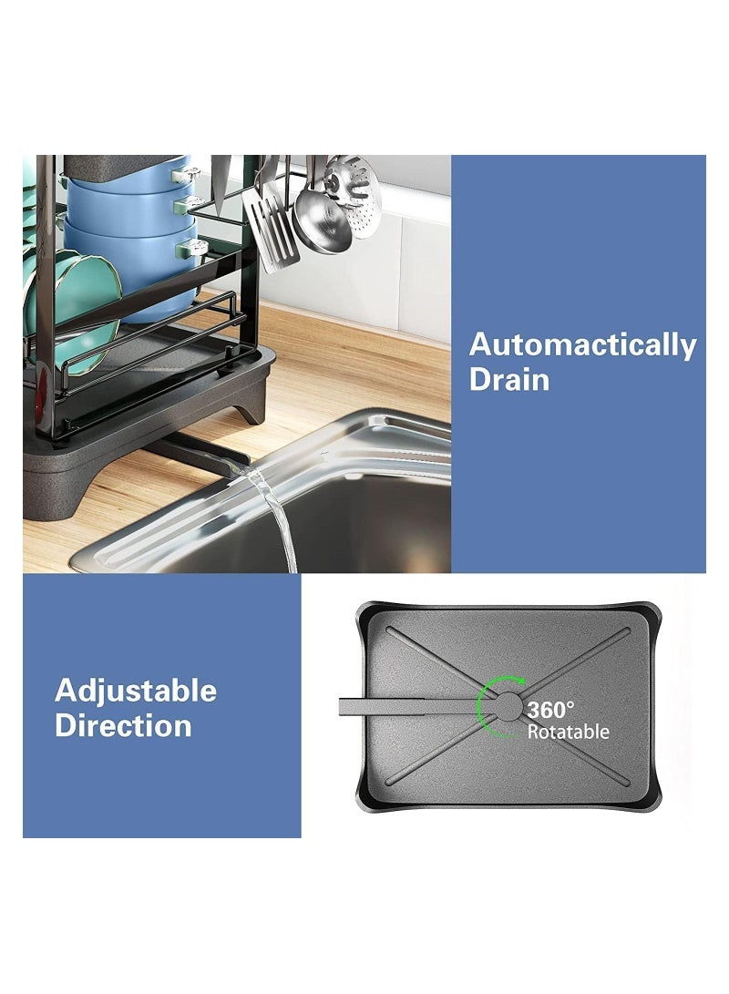 None/Brand Black Large Stainless Steel Foldable 2 Tiers Dish Drying Rack Drainboard Set with Rotatable Drainage System - Image 5