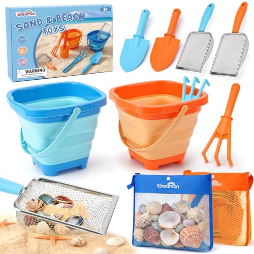 Dreamon Beach Toys 2 Packs Travel Sand Toys for Kids Ages 48 10 PCS Sandcastle Building Kit with Collapsible Bucket Mesh Bag Sand Sifter Shovel Rake Beach Essentials for Kids - Image 1
