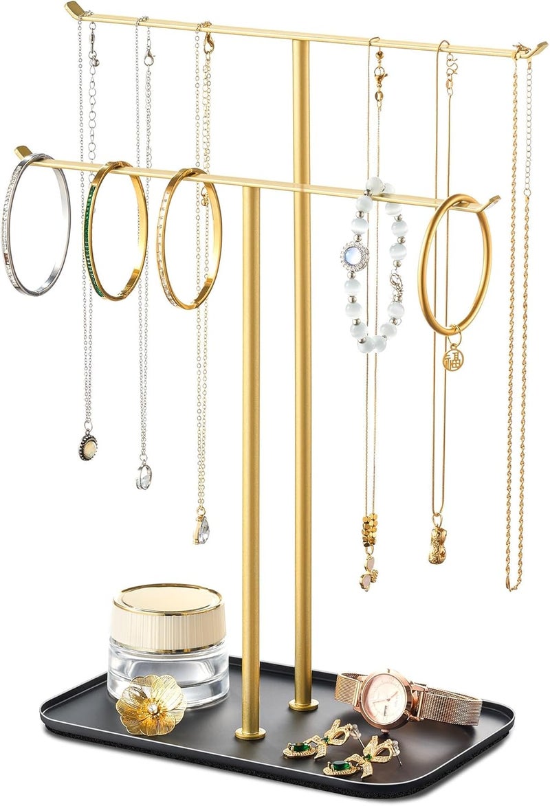 pickpiff Necklace Holder Jewelry Organizer Stand – 2‑Tier T‑Bar Jewelry Display Tree with Tray for Countertop Necklace Bracelet Earring Storage, Vanity Dresser Bathroom Sink, Black-Gold - Image 1