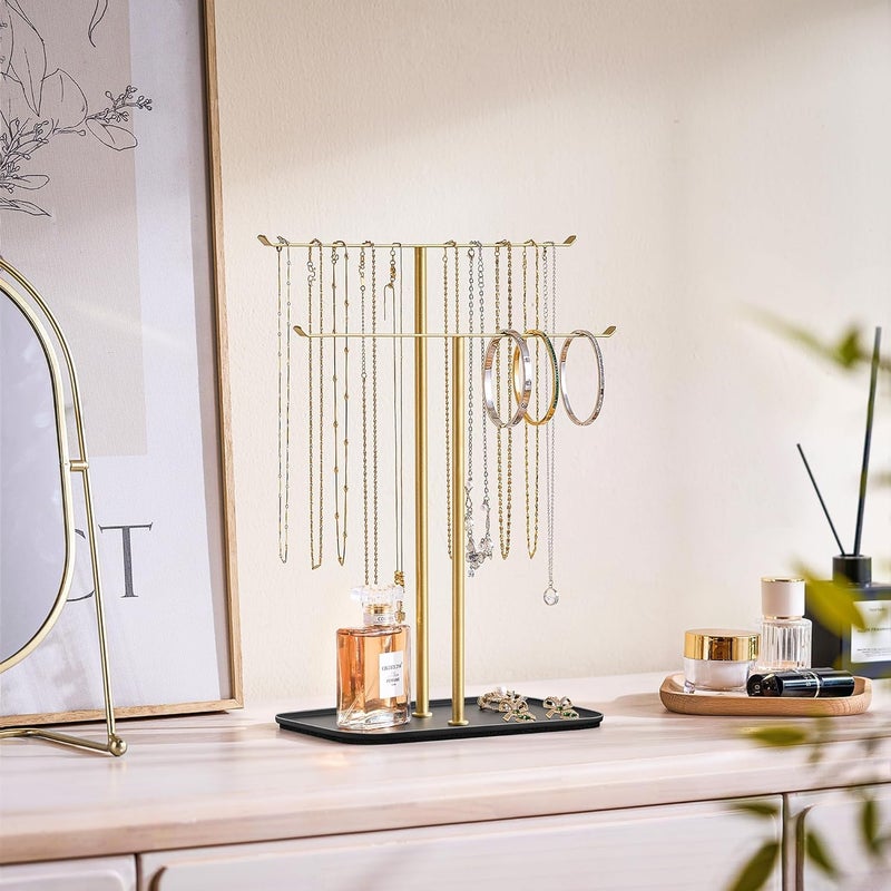 pickpiff Necklace Holder Jewelry Organizer Stand – 2‑Tier T‑Bar Jewelry Display Tree with Tray for Countertop Necklace Bracelet Earring Storage, Vanity Dresser Bathroom Sink, Black-Gold - Image 2