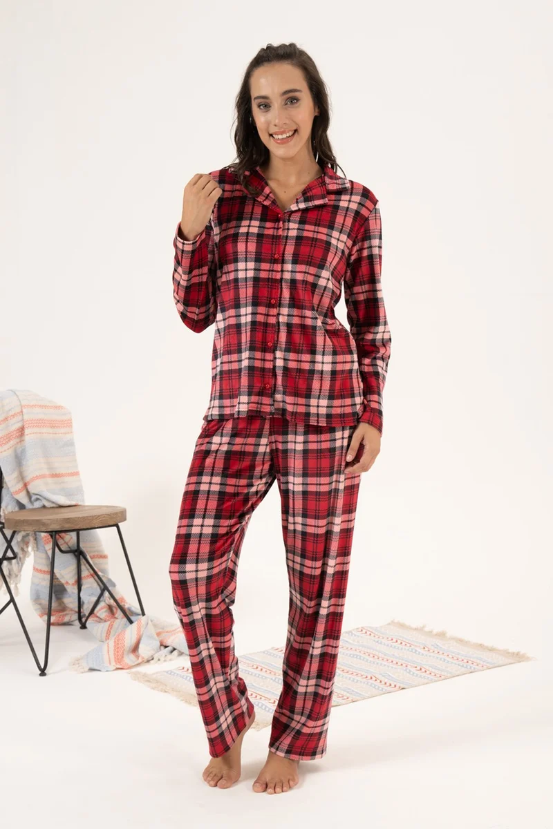 REMSA Women's Velvet Buttoned Front Pajama Set 24365 Claret Red
