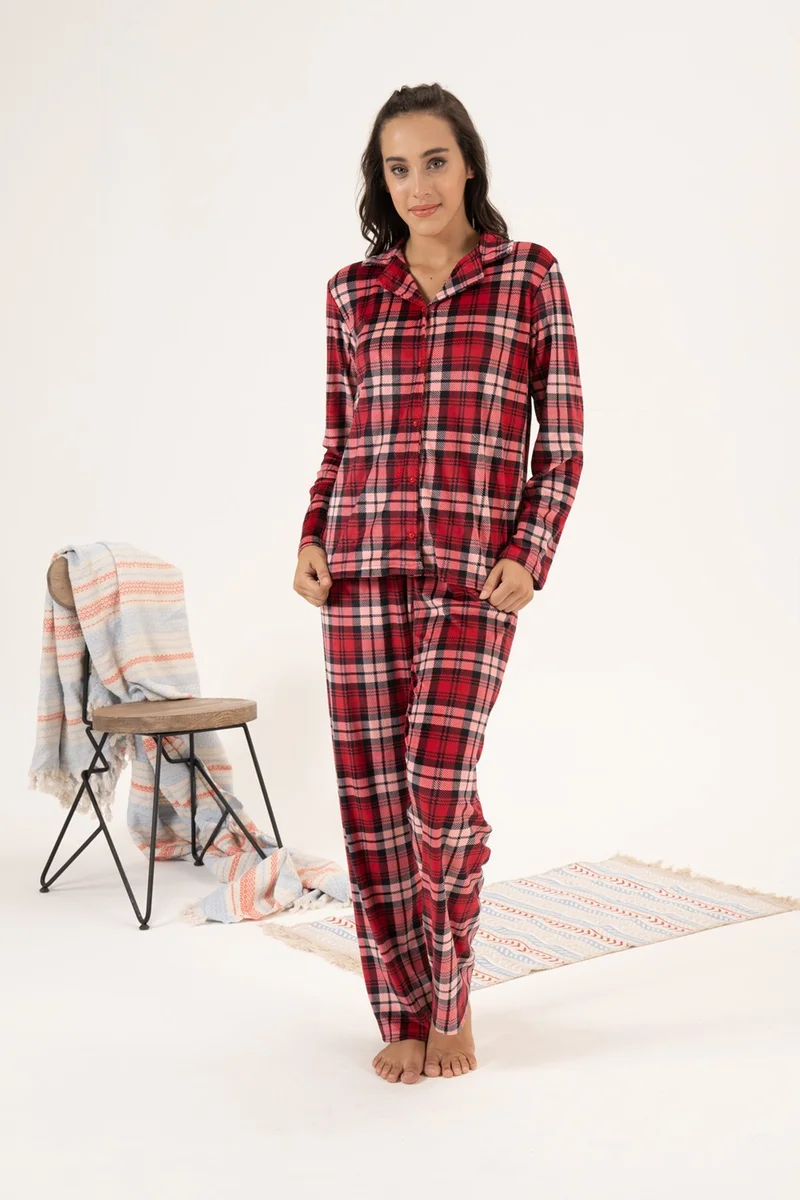 REMSA Women's Velvet Buttoned Front Pajama Set 24365 Claret Red