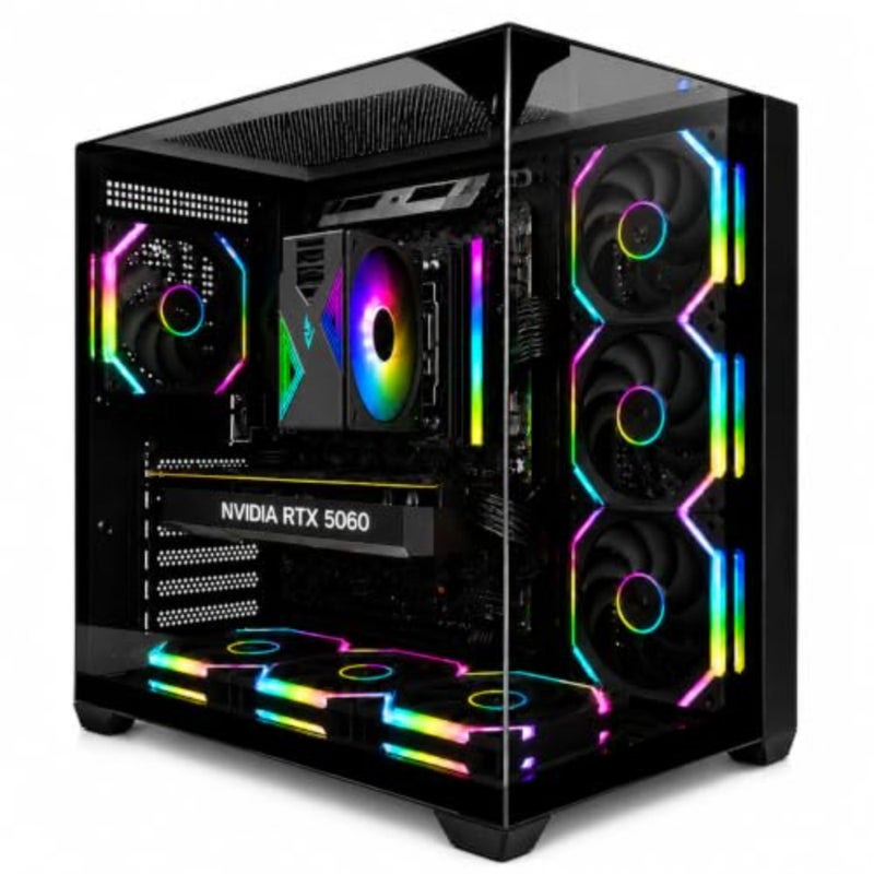 جهاز كمبيوتر للألعاب للرياضات الإلكترونية والبث المباشر، Intel Core i5-14400F، وNVIDIA RTX 5060 8GB، وذاكرة الوصول العشوائي DDR5 بسعة 16 جيجابايت، و1 تيرابايت NVMe SSD، وهيكل أسود، وتبريد عالي التدفق للهواء - Image 1
