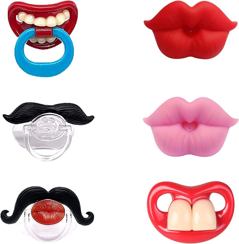 AUSTUFF 6PCs Funny Pacifier Infant Pacifier Cute Kissable Lips and Gentleman Mustache Teeth Pacifier Soft Silicone Cute Pacifier Design with Kiss Lip for Babies and Toddlers Shower Gift Unisex-BPA Free - Image 2