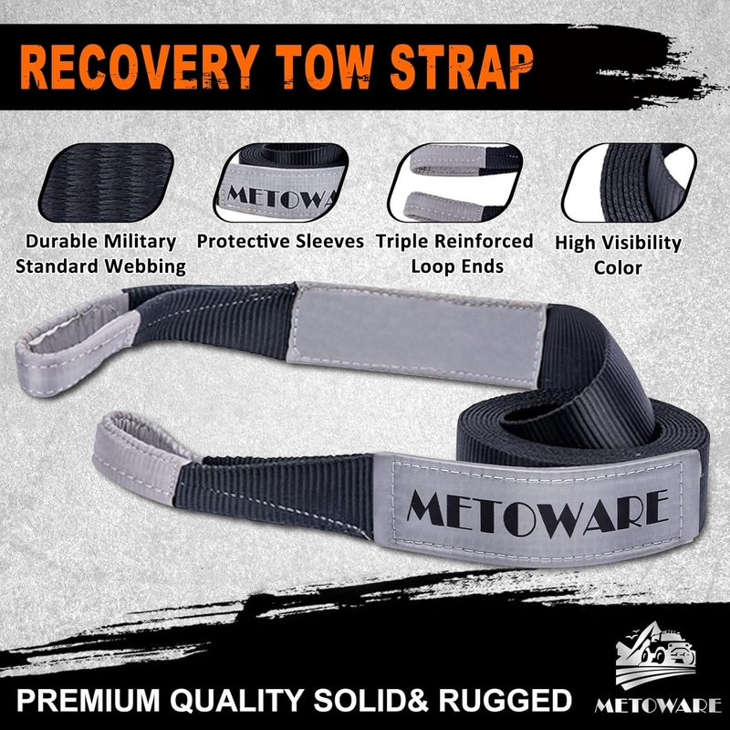 METOWARE مجموعة إنقاذ سحب من ميتووير مقاس 3 بوصة × 20 قدمًا، سحب ثقيل بقوة تحمل 35000 رطل مع حلقات D مقاس 3/4 بوصة (قطعتان) وحقيبة تخزين، حبل سحب طوارئ لطرق التضاريس للسيارات الرياضية متعددة الأغراض ومركبات التضاريس والشاحنات - Image 3