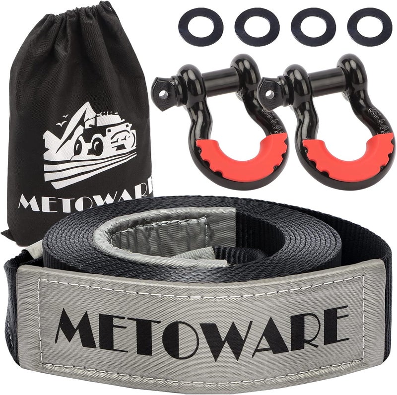 METOWARE مجموعة إنقاذ سحب من ميتووير مقاس 3 بوصة × 20 قدمًا، سحب ثقيل بقوة تحمل 35000 رطل مع حلقات D مقاس 3/4 بوصة (قطعتان) وحقيبة تخزين، حبل سحب طوارئ لطرق التضاريس للسيارات الرياضية متعددة الأغراض ومركبات التضاريس والشاحنات - Image 1